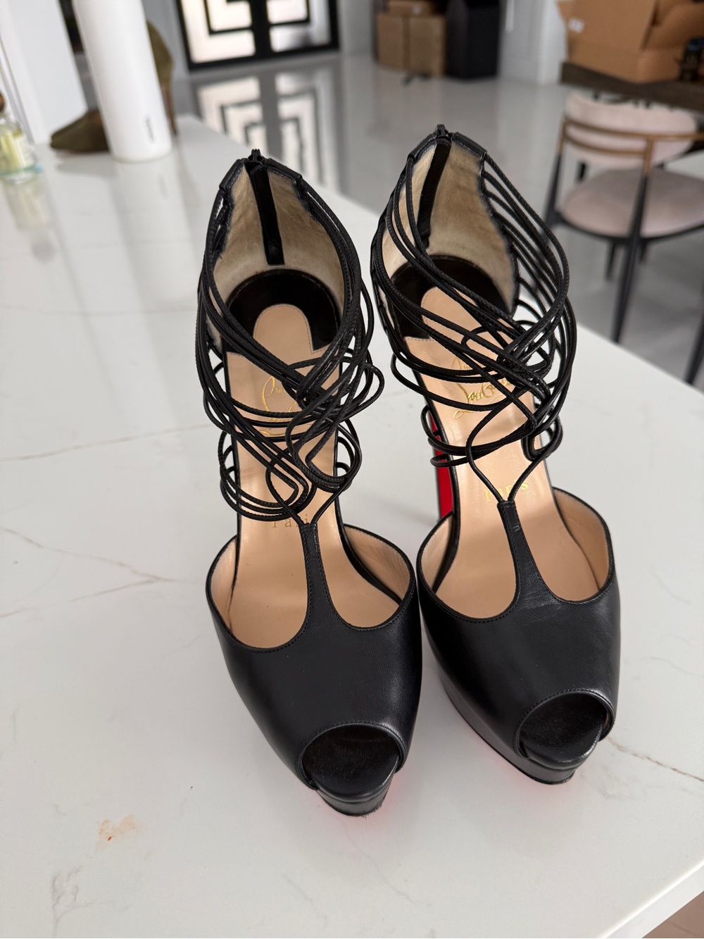Christian Louboutin Black Lace-Up Peep-Toe Pumps